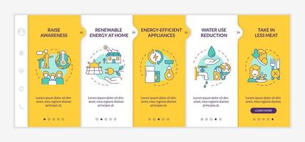 prevención del cambio climático plantilla amarilla de incorporación. ahorrar energía y agua. sitio web móvil receptivo con iconos de concepto lineal. Tutorial de página web Pantallas de 5 pasos. lato-negrita, fuentes regulares utilizadas vector