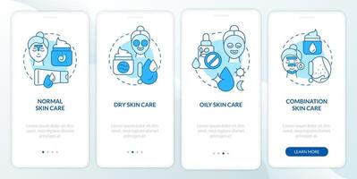 Skin types care blue onboarding mobile app screen. Beauty routine walkthrough 4 steps graphic instructions pages with linear concepts. UI, UX, GUI template. Myriad Pro-Bold, Regular fonts used vector