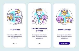 Smart technologies examples onboarding mobile app screen. Iot devices walkthrough 3 steps graphic instructions pages with linear concepts. UI, UX, GUI template. Myriad Pro-Bold, Regular fonts used vector