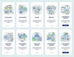 adoptando la tecnología inteligente incorporando el conjunto de pantallas de aplicaciones móviles. tutorial de agricultura 5 pasos páginas de instrucciones gráficas con conceptos lineales. interfaz de usuario, ux, plantilla de interfaz gráfica de usuario. innumerables fuentes pro-negrita y regulares utilizadas vector