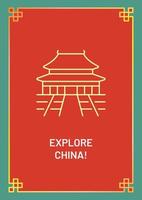 Visit China postcard with linear glyph icon. Send travel card. Greeting card with decorative vector design. Simple style poster with creative lineart illustration. Flyer with holiday wish