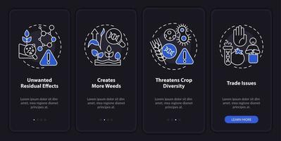 Disadvantages of gmo night mode onboarding mobile app screen. Food issues walkthrough 4 steps graphic instructions pages with linear concepts. UI, UX, GUI template. Myriad Pro-Bold, Regular fonts used vector