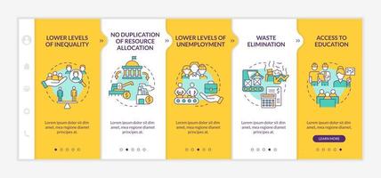 Centrally planned economic system advantages yellow onboarding template. Responsive mobile website with linear concept icons. Web page walkthrough 5 step screens. Lato-Bold, Regular fonts used vector