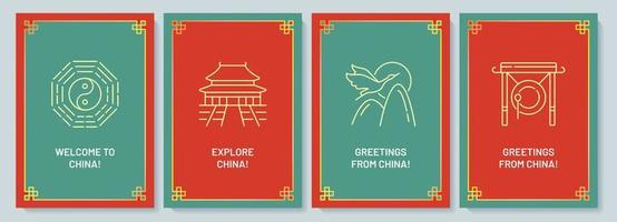 With love from China postcard with linear glyph icon set. Greeting card with decorative vector design. Simple style poster with creative lineart illustration. Flyer with holiday wish