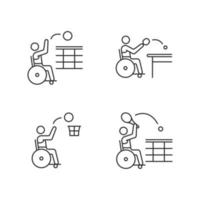 Adaptive wheelchair sports linear icons set. Professional team competitions. Sportsman with disability. Customizable thin line contour symbols. Isolated vector outline illustrations. Editable stroke