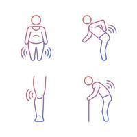 Elderly patients with arthritis gradient linear vector icons set. Body weight. Back rheumatism. Joint damage in children. Thin line contour symbols bundle. Isolated outline illustrations collection