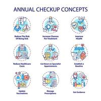 Annual checkup concept icons set. Regular medical examination idea thin line color illustrations. Disease complications prevention. Healthcare. Vector isolated outline drawings. Editable stroke