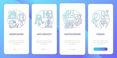 Escape room aspects blue gradient onboarding mobile app screen. Walkthrough 4 steps graphic instructions pages with linear concepts. UI, UX, GUI template. Myriad Pro-Bold, Regular fonts used vector