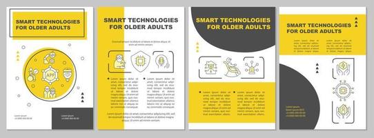 Plantilla de folleto amarillo de tecnologías inteligentes para personas mayores. dispositivos tecnológicos. diseño de folletos con iconos lineales. 4 diseños vectoriales para presentación, informes anuales. arial, innumerables fuentes pro-regulares utilizadas vector