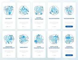 Nuclear energy production onboarding mobile app page screen set. Atomic power walkthrough 5 steps graphic instructions with concepts. UI, UX, GUI vector template with linear color illustrations