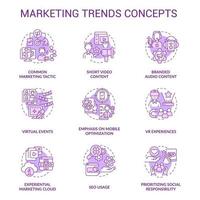Marketing trends purple concept icons set. Product promotion innovation. Customer engaging idea thin line color illustrations. Isolated symbols. Roboto-Medium, Myriad Pro-Bold fonts used vector