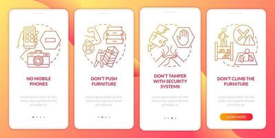 Escape room safety precautions red gradient onboarding mobile app screen. Walkthrough 4 steps graphic instructions pages with linear concepts. UI, UX, GUI template. Myriad Pro-Bold, Regular fonts used vector