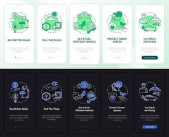 Air pollution prevention night, day mode onboarding mobile app screen. Walkthrough 5 steps graphic instructions pages with linear concepts. UI, UX, GUI template. Myriad Pro-Bold, Regular fonts used vector