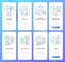 Escape room challenges blue gradient onboarding mobile app screen set. Walkthrough 4 steps graphic instructions pages with linear concepts. UI, UX, GUI template. Myriad Pro-Bold, Regular fonts used vector