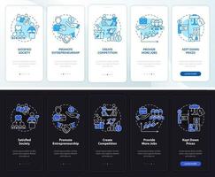 Market economy advantages night, day mode onboarding mobile app screen. Walkthrough 5 steps graphic instructions pages with linear concepts. UI, UX, GUI template. Myriad Pro-Bold, Regular fonts used vector