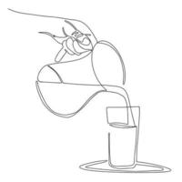 Glass jug and drinking glass with milk or water. Hand-drawn illustration. Line art. vector