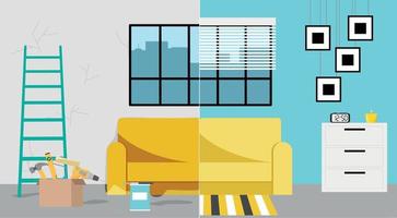Room before and after repair. Home interior renovation. Flat style, vector illustration.