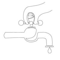 Hand opens the faucet. A drop dripping from a faucet. Hand-drawn illustration. Line art. vector