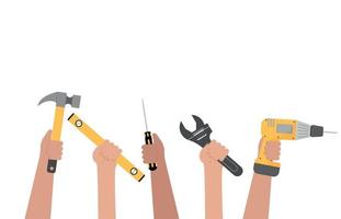 Group of construction workers with a tool in hands isolated on white background. vector