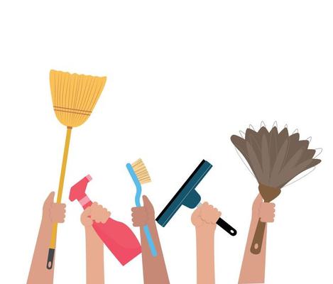 Hands holding items for cleaning. Brush, broom, spray gun, window scraper