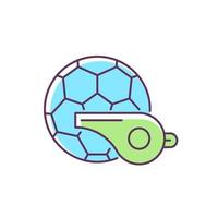 Physical training RGB color icon. Soccer ball, whistle. Sport activities. Healthy lifestyle. PE lessons in schools, universities. Isolated vector illustration. Simple filled line drawing