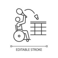 Wheelchair badminton linear icon. Rival sport competition. Sportsman with disability. Thin line customizable illustration. Contour symbol. Vector isolated outline drawing. Editable stroke