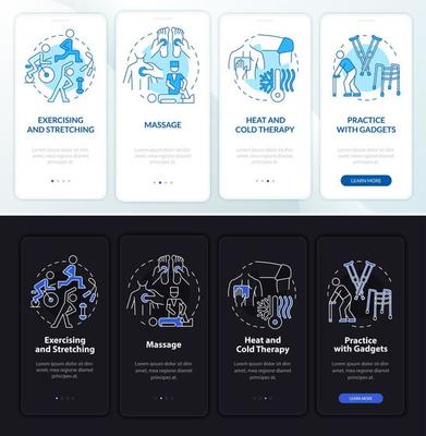 Physiotherapy treatments onboarding mobile app page screen. Physical health walkthrough 4 steps graphic instructions with concepts. UI, UX, GUI vector template with night and day mode illustrations