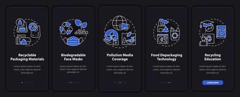 Trash recycling trends onboarding mobile app page screen. Compostable products walkthrough 5 steps graphic instructions with concepts. UI, UX, GUI vector template with linear night mode illustrations