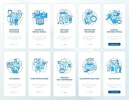 Happiness mindset blue onboarding mobile app page screen set. Obstacles walkthrough 5 steps graphic instructions with concepts. UI, UX, GUI vector template with linear color illustrations