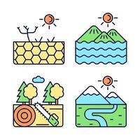 Diverse landforms RGB color icons set. Barren and working ground. Forest cutting industry. Land types. Isolated vector illustrations. Simple filled line drawings collection. Editable stroke