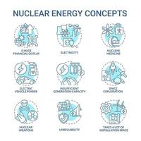 conjunto de iconos de concepto azul de energía nuclear. ideas innovadoras de tecnología nuclear ilustraciones en color de línea delgada. energía del vehículo eléctrico. exploración espacial. dibujos de contorno aislados vectoriales. trazo editable vector