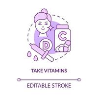 Take vitamins purple concept icon. Beauty and healthcare. Skincare procedure abstract idea thin line illustration. Isolated outline drawing. Editable stroke. Roboto-Medium, Myriad Pro-Bold fonts used vector