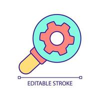 Mechanism setting checkup RGB color icon. Magnifier glass and cog wheel. Industrial processes control. Isolated vector illustration. Simple filled line drawing. Editable stroke. Arial font used