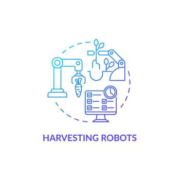 Harvesting robots blue gradient concept icon. Robotic advancement abstract idea thin line illustration. Pick vegetables and fruits. Isolated outline drawing. Roboto-Medium, Myriad Pro-Bold fonts used vector