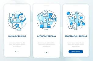 General pricing approaches blue onboarding mobile app screen. Penetration walkthrough 3 steps graphic instructions pages with linear concepts. UI, UX, GUI template. Myriad Pro-Bold, Regular fonts used vector