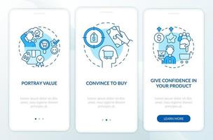 Best pricing strategy components blue onboarding mobile app screen. Walkthrough 3 steps graphic instructions pages with linear concepts. UI, UX, GUI template. Myriad Pro-Bold, Regular fonts used vector