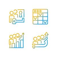 Team project gradient linear vector icons set. Problem solving. Task management software. Common goal. Thin line contour symbol designs bundle. Isolated outline illustrations collection