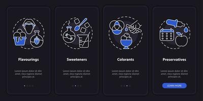 Food additives night mode onboarding mobile app screen. Walkthrough 4 steps graphic instructions pages with linear concepts. UI, UX, GUI template. Myriad Pro-Bold, Regular fonts used vector