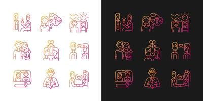 Romantic relationship gradient icons set for dark and light mode. Development of healthy relation. Thin line contour symbols bundle. Isolated vector outline illustrations collection on black and white