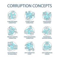 conjunto de iconos de concepto de corrupción. ilustraciones de color de línea delgada de idea de gobierno corrupto. soborno en el gobierno. malversación de presupuesto. toma de decisiones transparente. dibujos de contorno aislados vectoriales. vector