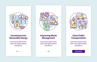 Reducing air pollution onboarding mobile app page screen. Renewable energy walkthrough 3 steps graphic instructions with concepts. UI, UX, GUI vector template with linear color illustrations