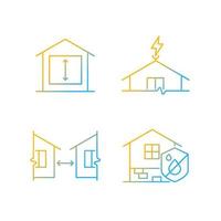 Building safe house gradient linear vector icons set. Minimum ceiling heights. Lightning rod. Distance between buildings. Thin line contour symbols bundle. Isolated outline illustrations collection