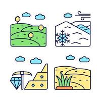 Land diversity RGB color icons set. Natural ground elevation. Minerals mining industry. Perennial ice. Isolated vector illustrations. Simple filled line drawings collection. Editable stroke