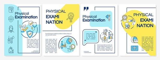 Physical examination blue and yellow brochure template. Flyer, booklet, leaflet print, cover design with linear icons. Vector layouts for presentation, annual reports, advertisement pages