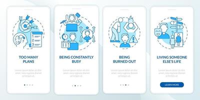 Out of balance life blue onboarding mobile app screen. Imbalance walkthrough 4 steps graphic instructions pages with linear concepts. UI, UX, GUI template. Myriad Pro-Bold, Regular fonts used vector