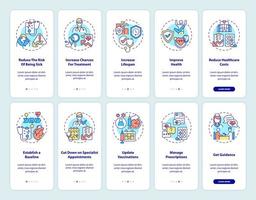 Annual checkup onboarding mobile app page screen set. Benefits and reasons walkthrough 5 steps graphic instructions with concepts. UI, UX, GUI vector template with linear color illustrations