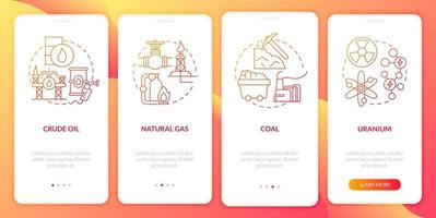 Types of nonrenewable sources sources onboarding mobile app page screen. Eco walkthrough 4 steps graphic instructions with linear concepts. UI, UX, GUI template. Myriad Pro-Bold, Regular fonts used vector