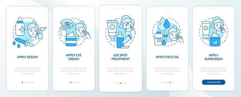 Skincare routine tips blue onboarding mobile app screen. Health care walkthrough 5 steps graphic instructions pages with linear concepts. UI, UX, GUI template. Myriad Pro-Bold, Regular fonts used vector