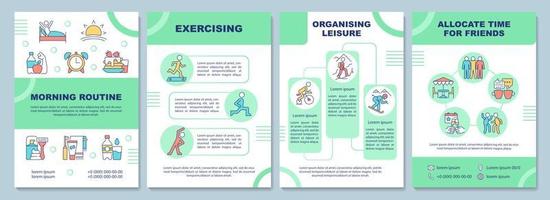 Morning routine green brochure template. Active lifestyle. Booklet print design with linear icons. Vector layouts for presentation, annual reports, ads. Arial-Black, Myriad Pro-Regular fonts used