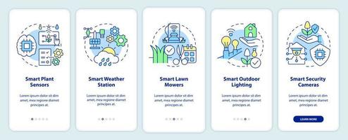 Smart devices for gardens onboarding mobile app screen. Plant sensors walkthrough 5 steps graphic instructions pages with linear concepts. UI, UX, GUI template. Myriad Pro-Bold, Regular fonts used vector